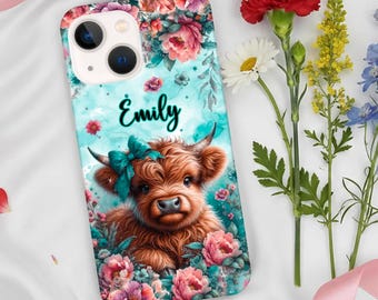 Personalisierte süße Kuh Handyhülle, Benutzerdefinierte Name Blumenkalb Cover, ästhetische Tier Handyhülle, Geschenk für sie, iPhone Hülle,Samsung Hülle und andere