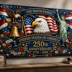 Pode incluir: Uma impressão em tela patriótica celebrando o 250º aniversário dos Estados Unidos da América. Apresenta uma bandeira americana, uma águia, a Estátua da Liberdade e o texto "The Smith Family" e "United States of America 250th Anniversary 1776-2026".