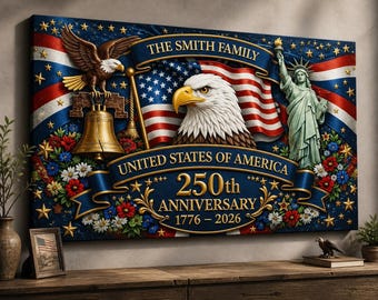 パーソナライズされた家族向け愛国キャンバスプリント アメリカ建国250周年記念 1776-2026 カスタムネーム入りイーグルフラッグウォールアート