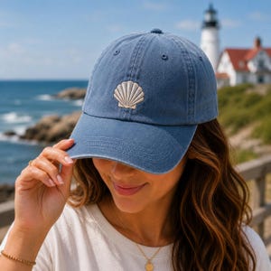 Coastal Scallop Shell Embroidered Baseball Cap, Nautical Beach Dad Hat, New England Summer Vacation Gift, Ocean Lover Cap
