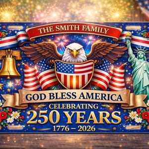 Pode incluir: Design patriótico de placa de matrícula com o texto "THE SMITH FAMILY" e "GOD BLESS AMERICA CELEBRATING 250 YEARS 1776-2026." Apresenta uma águia, bandeiras americanas, o Sino da Liberdade e a Estátua da Liberdade, com fundo azul.
