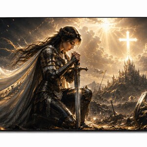 Pode incluir: Um tapete de secretária retangular com um guerreiro ajoelhado em armadura de metal escuro com uma capa longa e fluida, mãos postas em oração sobre o punho de uma espada. Uma cruz brilhante ilumina um castelo sob um céu nublado.