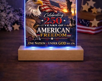 USA 250-jähriges Jubiläum Acrylplakette, Amerikanische Freiheit 1776-2026 LED-Licht, Vaterländische Adler Statue Geschenkdekor