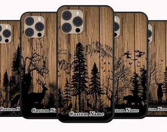 ELK Phone Case,Deer Elk Bear Hunting Wolves Lover with Nature Jungle Trees Wild Shadows Wood Pattern,Custom Name For Iphone,Samsung