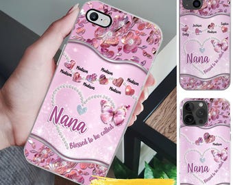 Personalized pink butterfly phone case—add kids’ names and your chosen title. A heartfelt gift for Nana, available for all phone models