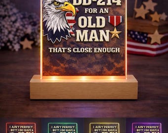 Personalisierte DD214 veteran Acryl Plaque, lustiges Geschenk des alten Mannes, militärischer Ruhestand LED-Licht, Adler Bunt Dekor