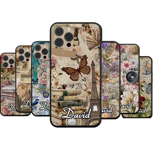 Könnte beinhalten: Eine Auswahl an Handyhüllen mit einem Vintage-Collage-Design. Jede Hülle zeigt Schmetterlinge, Blumen, Bücher und den Eiffelturm. Der Name "David" ist in einer Schreibschrift auf die Hüllen geschrieben. Die Hüllen haben einen schwarzen Rand.