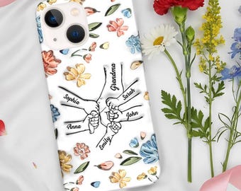Benutzerdefinierte Oma Telefon Fall Personalisierte Familiennamen Blumen Hand halten Design Geschenk für Mama Nana iPhone Samsung Alle Handys