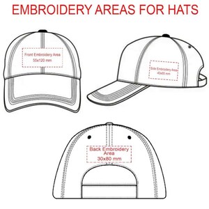 Puede incluir: Diagrama que muestra las &aacute;reas de bordado para sombreros. La imagen presenta tres vistas de gorras de b&eacute;isbol: frontal, lateral y trasera. Cada vista resalta un &aacute;rea espec&iacute;fica para el bordado, con dimensiones en mil&iacute;metros. El texto "EMBROIDERY AREAS FOR HATS" est&aacute; en la parte superior.