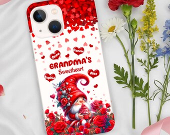 Personalisierte Oma Telefon Hülle, individuelles Namensgeschenk für Oma, niedliche Gnom Blumenliebe Hülle, Omas Schatz iPhone Hülle
