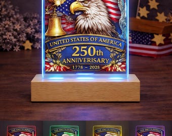 Personalisierte LED-Acrylplakette zum 250-jährigen Jubiläum, USA Adler Geschenk, benutzerdefiniertes Familiennamenlicht, Vaterländisches Dekor 1776-2026