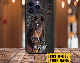 Personalisierte Pferd Telefon-Hülle, benutzerdefinierte Name Leder Style Case, Western Cowboy Pferd Liebhaber Geschenk, rustikales Design