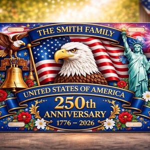 May include: A patriotic license plate design featuring an American flag, an eagle, the Statue of Liberty, and floral accents. The text reads "The Smith Family," "United States of America," and "250th Anniversary 1776-2026."