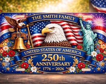 Personalized USA 250th Anniversary License Plate, Custom Family Name Patriotic Car Tag, Eagle Fireworks 1776–2026 Decor Gift