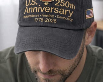 Premium embroidered 250th Anniversary cap featuring a bold eagle stitch—classic, designed for a meaningful commemorative look.