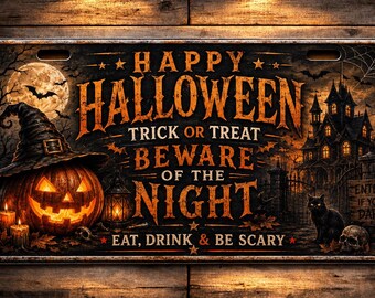 Targa per auto "Dolcetto o scherzetto" di Halloween, decorazione murale rustica in metallo, targa con zucca e fantasma per casa stregata, regalo gotico di Halloween
