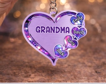 Personalized Grandma Heart Keychain, Custom Nickname Kids Names Keyring, Nana Mimi Memaw Gift, Family Grandkids Keychain