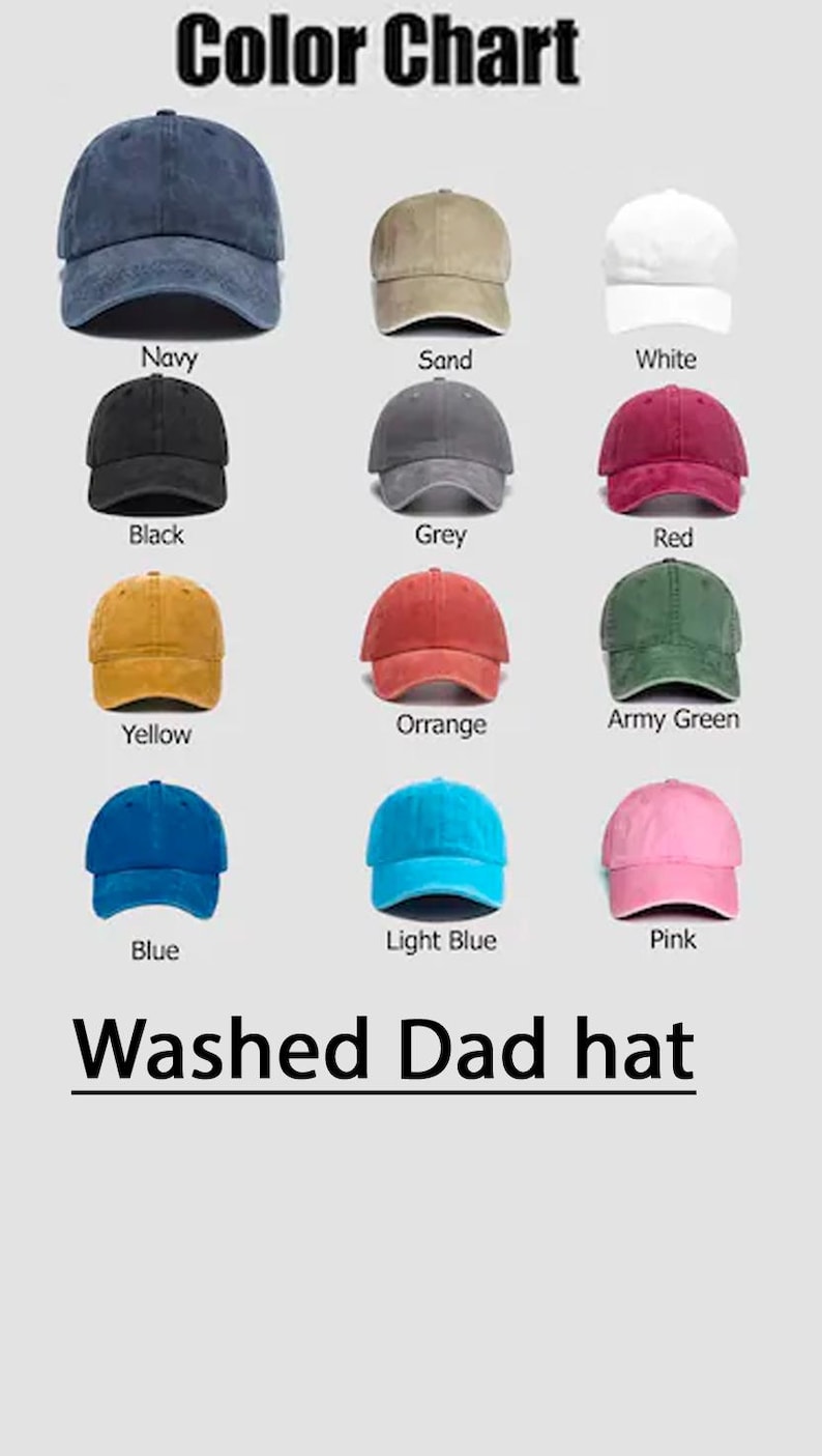 Puede incluir: Una carta de colores que muestra gorras de pap&aacute; lavadas en varios colores: azul marino, arena, blanco, negro, gris, rojo, amarillo, naranja, verde militar, azul, azul claro y rosa. Tambi&eacute;n est&aacute; presente el texto "Color Chart" y "Washed Dad hat".
