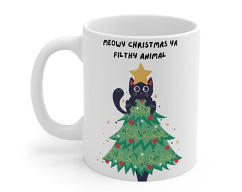 Taza "Maullido Navidad Ya Animal Sucio" / Gato Árbol de Navidad Festivo de 11 oz