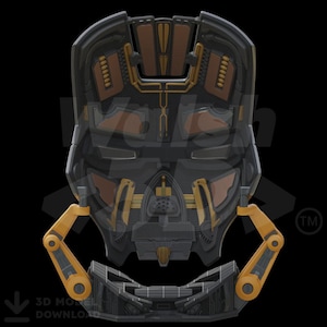K&ouml;nnte beinhalten: Ein detailliertes futuristisches Helmdesign in Schwarz, Braun und Gold. Der Helm weist komplizierte mechanische Details auf, darunter gelbe, bewegliche Arme und eine komplexe Frontplatte. Das Design hat eine elegante, moderne &Auml;sthetik.