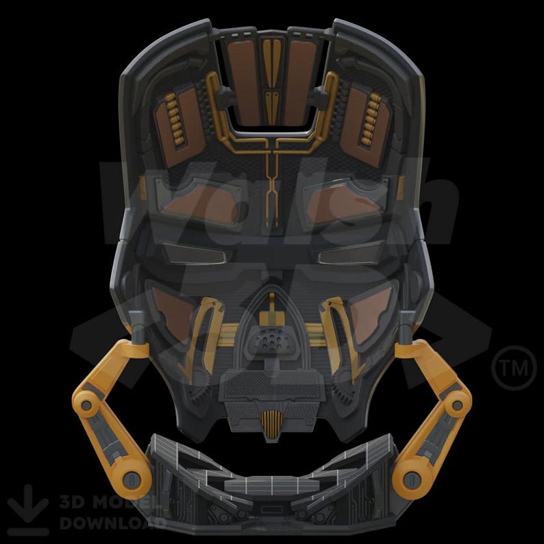 K&ouml;nnte beinhalten: Ein detailliertes futuristisches Helmdesign in Schwarz, Braun und Gold. Der Helm weist komplizierte mechanische Details auf, darunter gelbe, bewegliche Arme und eine komplexe Frontplatte. Das Design hat eine elegante, moderne &Auml;sthetik.