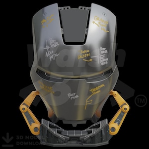 K&ouml;nnte beinhalten: Ein metallischer Helm in Grau- und Gelbt&ouml;nen mit handschriftlichen Notizen, darunter "Port Here" und "Targeting Here" in Gelb. Das Design umfasst mechanische Arme und den Text "3D MODEL DOWNLOAD" unten, was auf ein technisches Thema hindeutet.