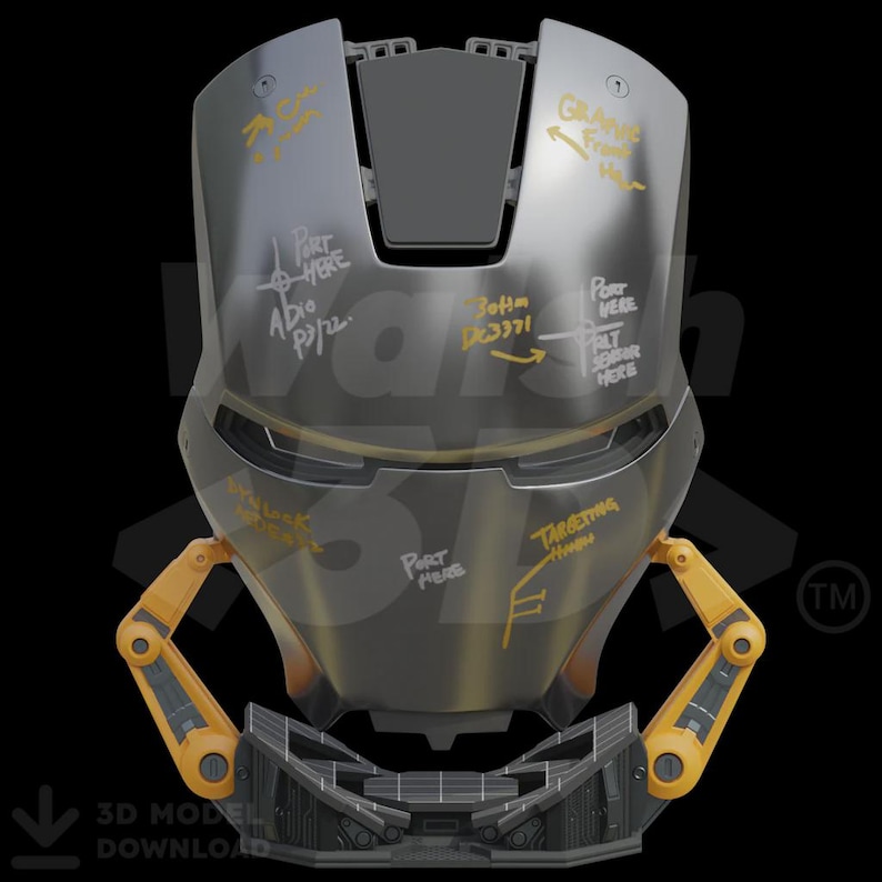 K&ouml;nnte beinhalten: Ein metallischer Helm in Grau- und Gelbt&ouml;nen mit handschriftlichen Notizen, darunter "Port Here" und "Targeting Here" in Gelb. Das Design umfasst mechanische Arme und den Text "3D MODEL DOWNLOAD" unten, was auf ein technisches Thema hindeutet.