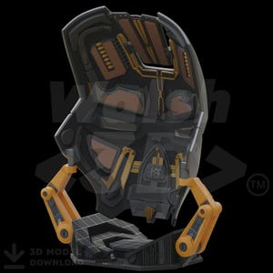 K&ouml;nnte beinhalten: Ein futuristisches, mechanisches Kopfdesign in Schwarz, Grau und Orange. Das Design zeigt komplizierte interne Komponenten, mit sichtbaren Zahnr&auml;dern und Paneelen. Der Kopf ist auf einer geometrischen Basis montiert, was auf ein 3D-Modell oder eine Skulptur hindeutet.