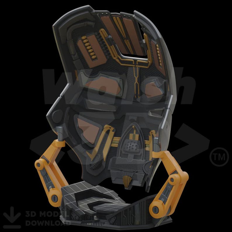 K&ouml;nnte beinhalten: Ein futuristisches, mechanisches Kopfdesign in Schwarz, Grau und Orange. Das Design zeigt komplizierte interne Komponenten, mit sichtbaren Zahnr&auml;dern und Paneelen. Der Kopf ist auf einer geometrischen Basis montiert, was auf ein 3D-Modell oder eine Skulptur hindeutet.
