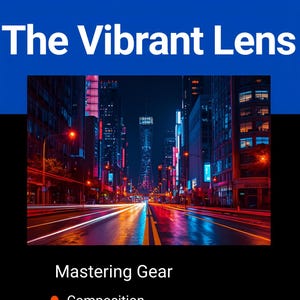 Puede incluir: La imagen muestra una cámara digital con una lente. El texto "The Vibrant Lens" está en la parte superior, con una foto de un paisaje urbano debajo. El texto "Mastering Gear" va seguido de viñetas para Composición, Luz, Color y Post-Procesamiento.