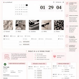 May include: A digital Notion planner template for a 12-week year system. The layout features a dashboard with a calendar, clock, and task management sections. It includes categories for personal, beauty, academia, habits, and finance, with detailed views for task lists, subtasks, and weekly overviews in a soft pink and white color scheme.