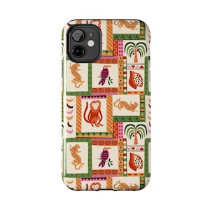 Funda para teléfono con diseño de patchwork de jungla / Funda resistente con estampado de mono, leopardo y loro