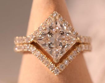 3 CT Princess Cut Moissanite Engagement Ring Set For Women Yellow Gold Bridal Set Unique Diamond Vintage Wedding Ring Sets Promise Ring