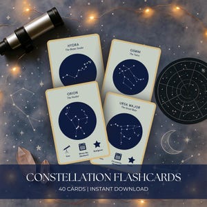 May include: Constellation flashcards showing Hydra, Gemini, Orion, and Ursa Major. Each card has a dark blue circle with white star patterns. The cards are on a starry background with a telescope and the text "CONSTELLATION FLASHCARDS".