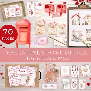 May include: A Valentine's Day-themed play and learn pack with various elements. Includes a red postbox, envelopes, mail bags, and cards with illustrations. The text on the image reads "70 PAGES" and "VALENTINES POST OFFICE PLAY & LEARN PACK".