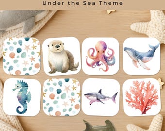海底メモリーゲーム（印刷可能）、海の動物マッチングカード（子供向け）、幼稚園児向けアクティビティ