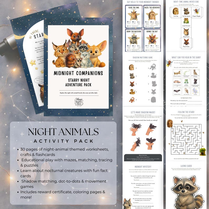 Night Animals Activity Pack for Kids, Printable Nocturnal Animal ...