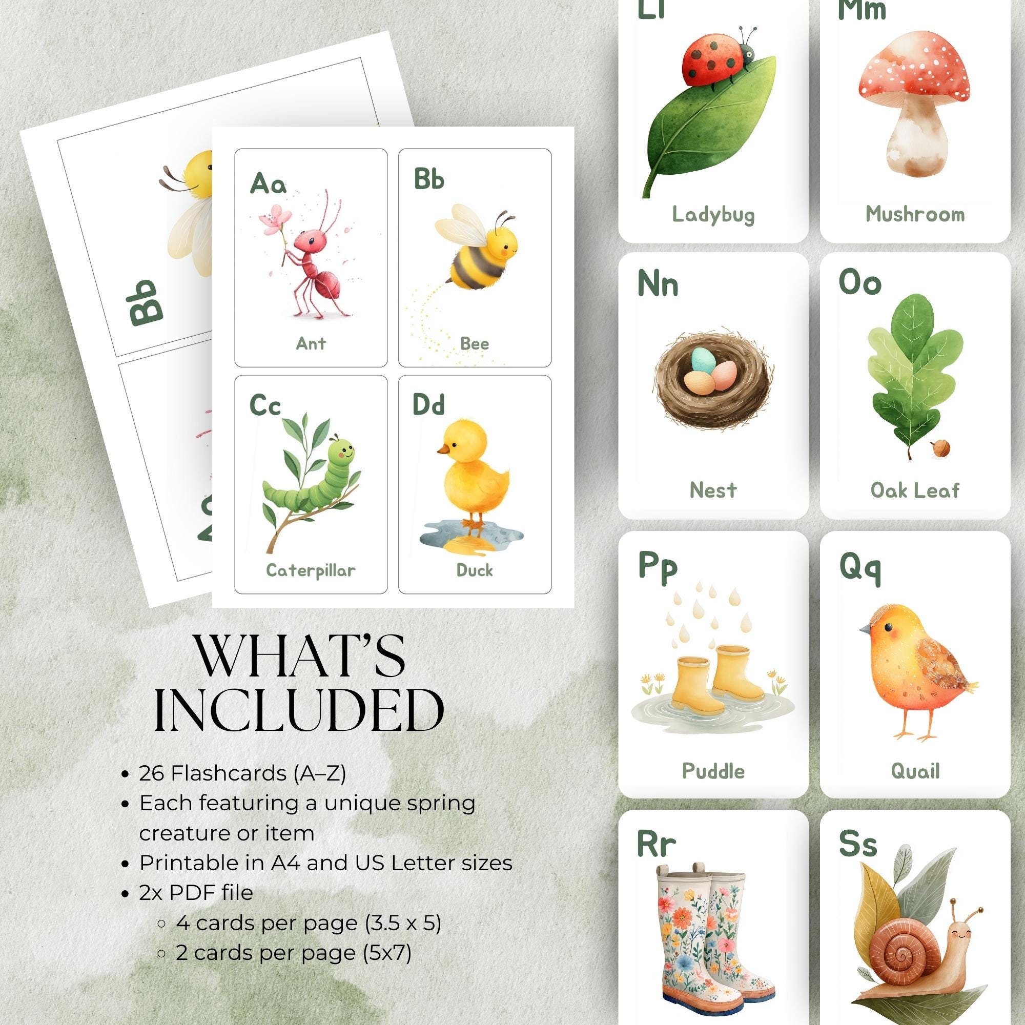 Spring Alphabet Flashcards Printable, Spring Nature Letters, Montessori ...