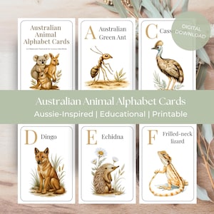 May include: A collection of Australian Animal Alphabet Cards, featuring watercolour illustrations of native animals. The cards display animals such as a koala, kangaroo, ant, dingo, echidna, and frilled-neck lizard. The cards are labelled "Aussie-Inspired | Educational | Printable".
