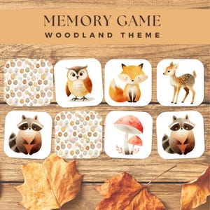 Peut inclure: Jeu de mémoire sur le thème de la forêt. Le jeu présente des cartes carrées avec des illustrations d'un hibou, d'un renard, d'un cerf, d'un raton laveur et de champignons. Les cartes sont disposées sur une surface en bois avec des feuilles d'automne.