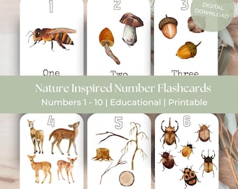 Tarjetas didácticas de los números del 1 al 10 inspiradas en la naturaleza / Imprimibles de aprendizaje del bosque / Montessori Nature