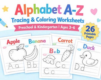 Alphabet A–Z Tracing & Coloring Worksheets for Preschool | Learn Letters, Handwriting Practice, Printable PDF