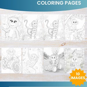 May include: A collection of coloring pages featuring cute monkey illustrations. The pages include various scenes of monkeys, including one riding a motorcycle and another in a pineapple car. The pages are 8.5" x 11" and include 10 images.