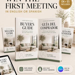 May include: A set of real estate guide booklets titled Buyer's Guide and Seller's Guide in English and Spanish. The covers feature a living room interior, a placeholder for a name, and text including Win The First Meeting and Edit In Canva.