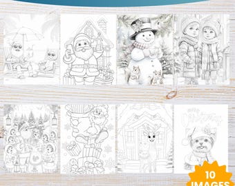 May include: A collection of ten black and white Christmas coloring pages. The pages feature various holiday-themed illustrations, including Santa Claus, snowmen, children, and festive scenes. The text "Merry Christmas Coloring Pages" is displayed at the top.