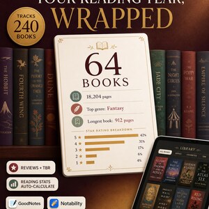 Może przedstawiać: Cyfrowy szablon do śledzenia czytelnictwa zatytułowany Your Reading Year, Wrapped. Wyświetla 64 przeczytane książki, 18 204 strony, fantasy jako główny gatunek oraz podział ocen gwiazdkowych. Projekt zawiera grzbiety książek, ekran tabletu oraz ikony GoodNotes i Notability.
