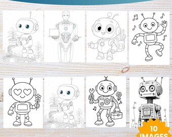 May include: A collection of black and white robot coloring pages. The pages feature various robot designs, some holding flowers or tools, and others with musical notes. The text "Cute Alphabet COLORING PAGES" is at the top. The pages are 8.5" x 11".