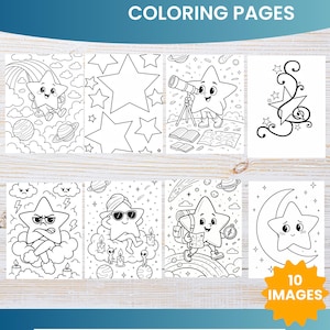 May include: A collection of ten coloring pages featuring cute star characters in various scenes. The pages are 8.5" x 11" and include images of stars with a telescope, on a rainbow, and with a backpack. The text reads "Cute little Star COLORING PAGES".