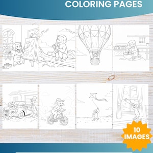 Puede incluir: Páginas para colorear de Curious George. Las ilustraciones muestran a Curious George en diferentes situaciones, como pintando, montando en bicicleta y volando una cometa. Las páginas miden 21,6 cm x 27,9 cm e incluyen 10 imágenes.