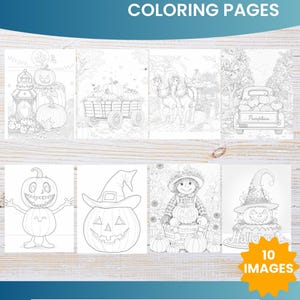 Puede incluir: Una colección de diez páginas para colorear en blanco y negro con ilustraciones de calabazas. Las páginas incluyen imágenes de calabazas, espantapájaros y escenas de un huerto de calabazas. Las páginas miden 21,6 cm x 27,9 cm.